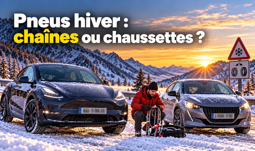 Tesla Model Y et Peugeot 208 sous la neige, un homme monte des chaînes à neige, titre : Pneus hiver, chaînes ou chaussettes ?