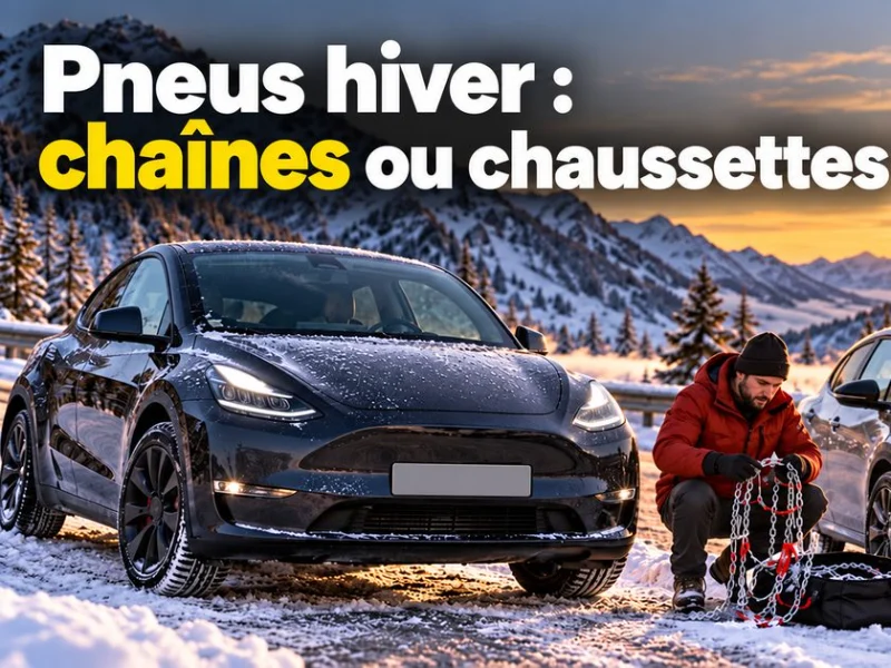 Tesla Model Y et voiture avec chaînes à neige dans un décor de montagne